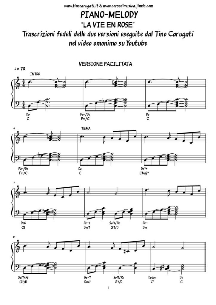 Spartito Pianoforte "LA VIE EN ROSE" Edith Piaff - In pianismo melodico in due versioni (facilitata e avanzata) v. Video sotto