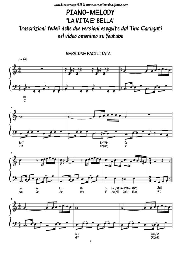 Spartito Pianoforte "LA VITA E' BELLA" Nicola Piovani - In pianismo melodico in due versioni (facilitata e avanzata) v. Video sotto