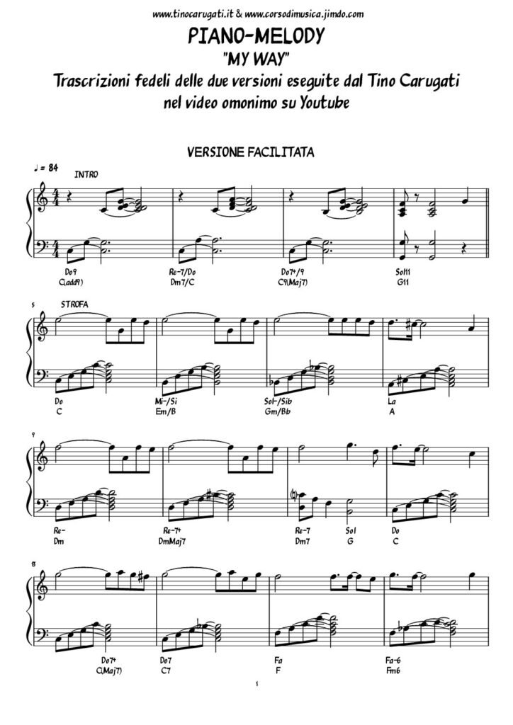 Spartito Pianoforte "MY WAY" Frank Sinatra - In due versioni (facilitata e avanzata) v. Video sotto