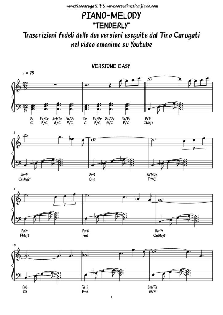 Spartito Pianoforte "TENDERLY" - in due versioni (facilitata e avanzata) v. Video