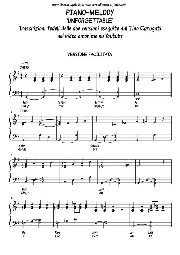 Spartito Pianoforte "UNFORGETTABLE" - In due versioni (facilitata e avanzata) v. Video sotto