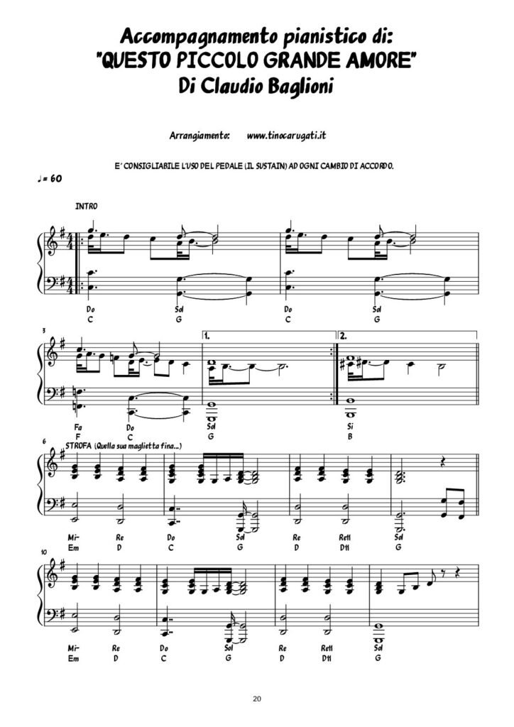 Spartito Pianoforte "QUESTO PICCOLO GRANDE AMORE" Claudio Baglioni