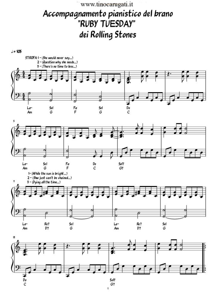 Spartito Pianoforte  "RUBY TUESDAY"  Rolling Stones