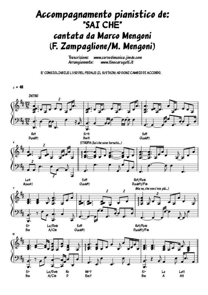 Spartito Pianoforte  "SAI CHE"  Marco Mengoni