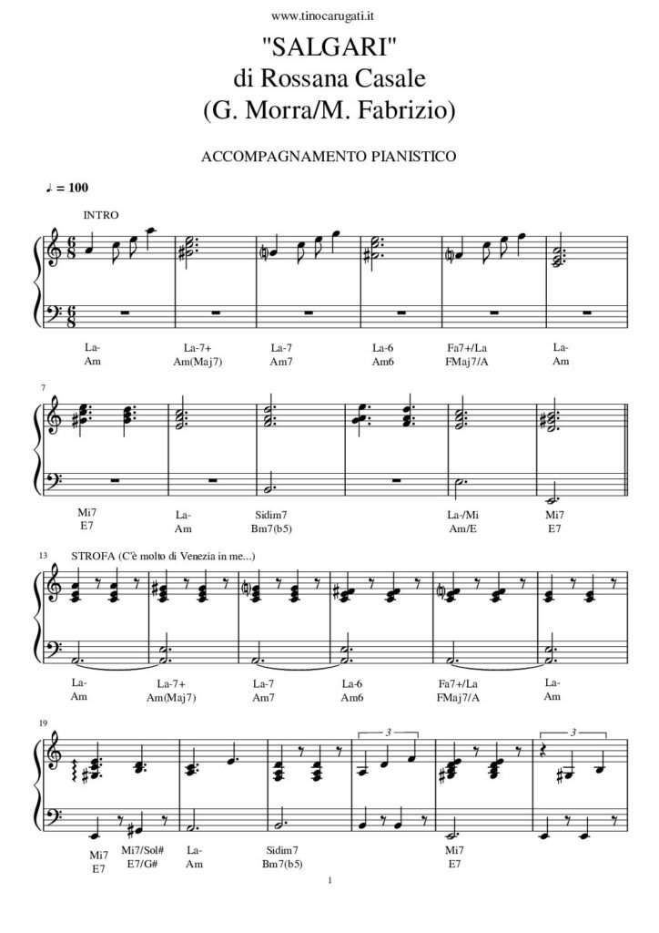 Spartito Pianoforte  "SALGARI"   Rossana Casale