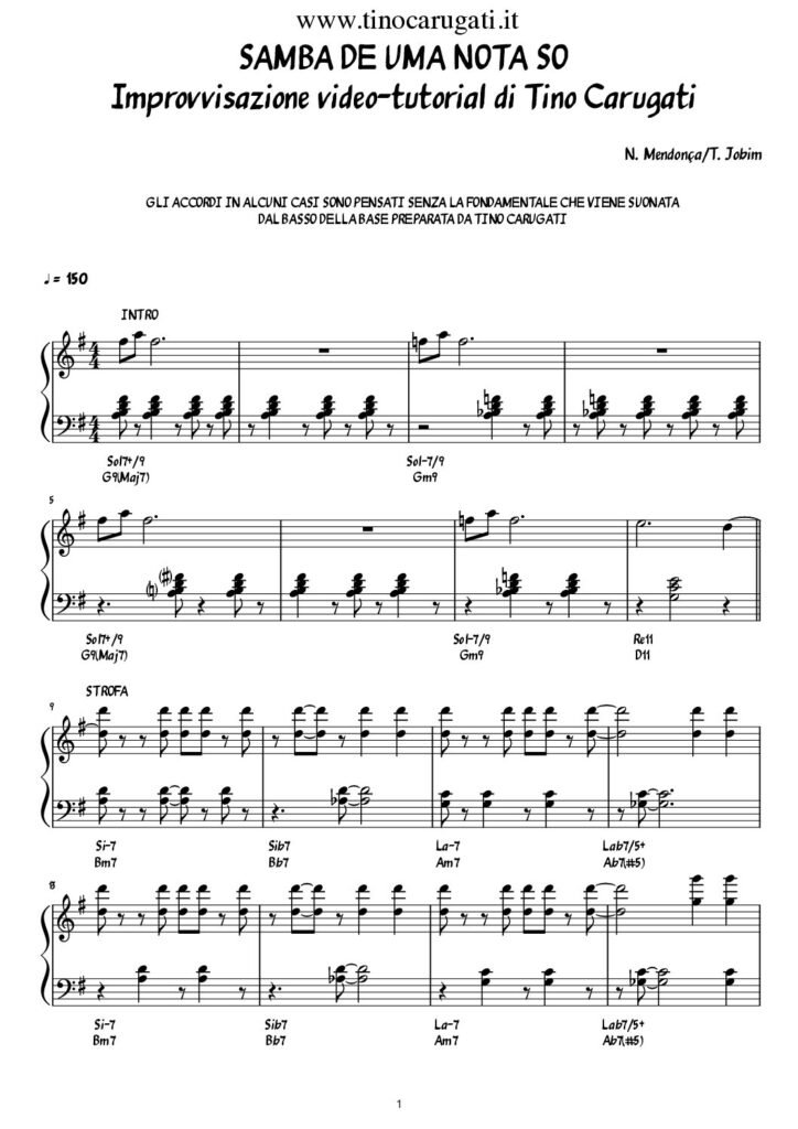 Spartito Pianoforte  "SAMBA DE UMA NOTA SO"  Jobim