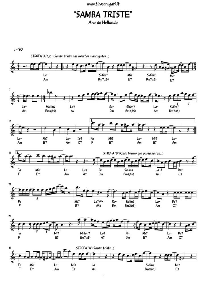 Spartito Pianoforte  "SAMBA TRISTE"  Ana de Hollanda (melodia + accordi)