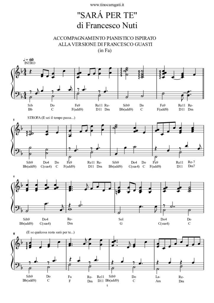 Spartito Pianoforte  "SARA' PER TE"  Francesco Nuti - in Fa