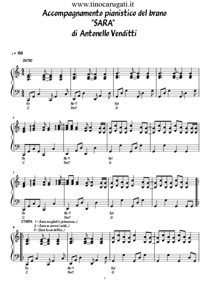 Spartito Pianoforte  "SARA"  Antonello Venditti