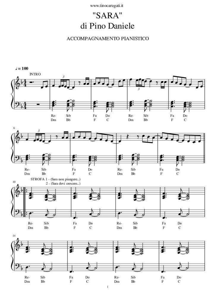 Spartito Pianoforte  "SARA"  Pino Daniele