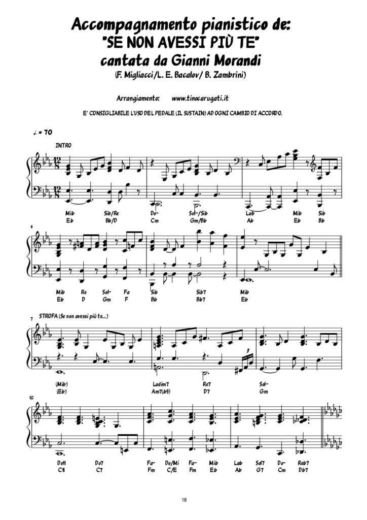 Spartito Pianoforte  "SE NON AVESSI PIU' TE"  Gianni Morandi