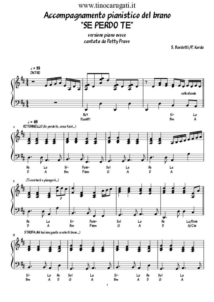 Spartito Pianoforte  "SE PERDO TE"  Patty Pravo
