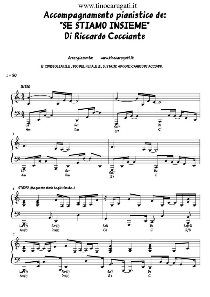 Spartito Pianoforte  "SE STIAMO INSIEME"  Riccardo Cocciante (versione semplificata in La minore)