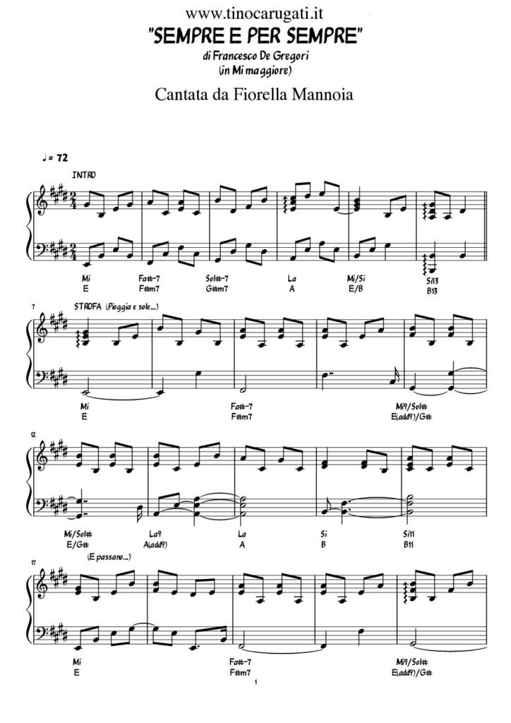 Spartito Pianoforte  "SEMPRE E PER SEMPRE"  Fiorella Mannoia - In Mi