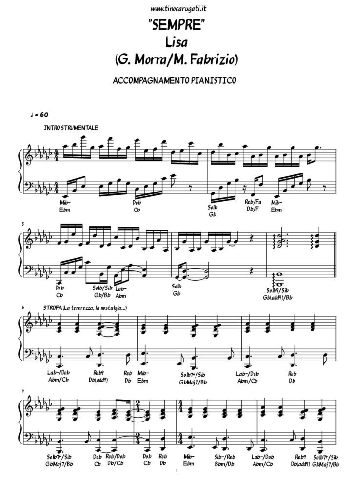 Spartito Pianoforte  "SEMPRE"  Lisa - in tonalità originale Mibm