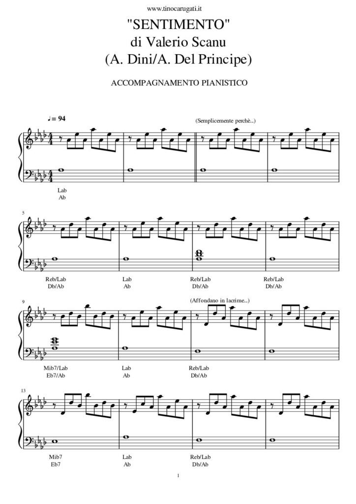 Spartito Pianoforte  "SENTIMENTO"  Valerio Scanu