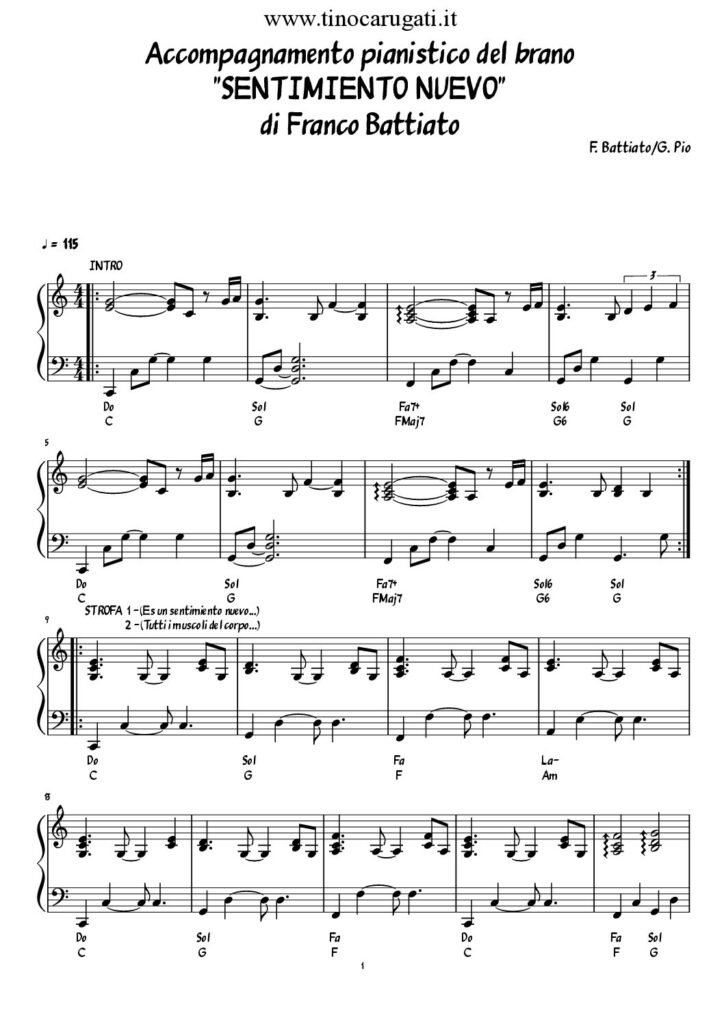 Spartito Pianoforte  "SENTIMENTO NUEVO"  Franco Battiato