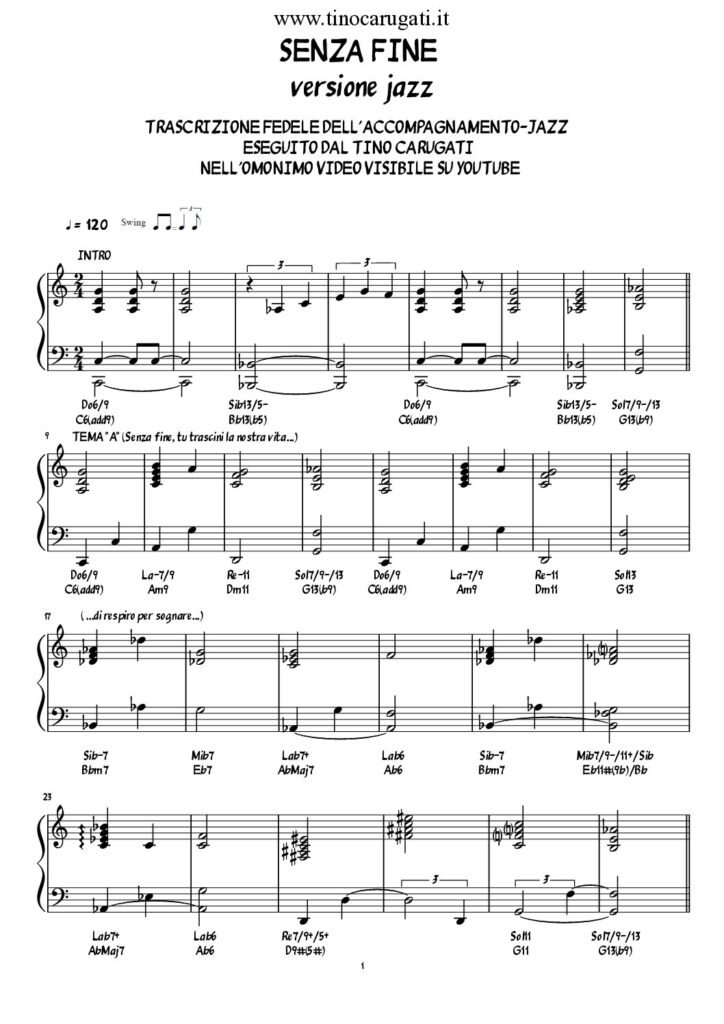 Spartito Pianoforte  "SENZA FINE"  Gino Paoli - Jazz version
