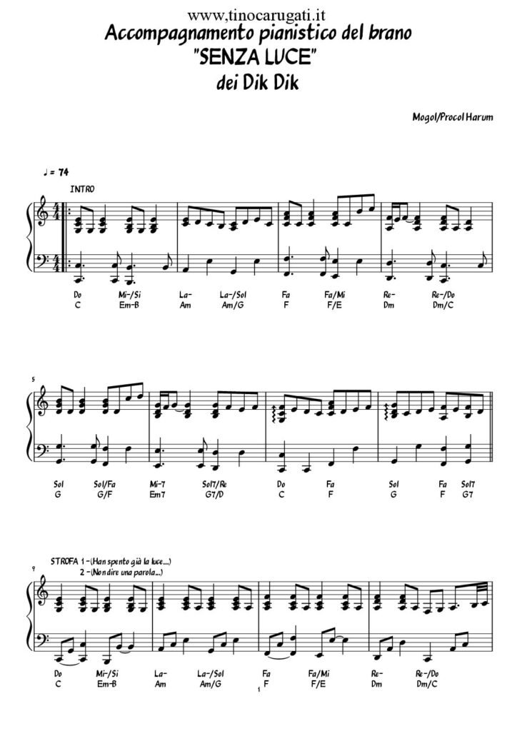 Spartito Pianoforte  "SENZA LUCE"  Dik Dik