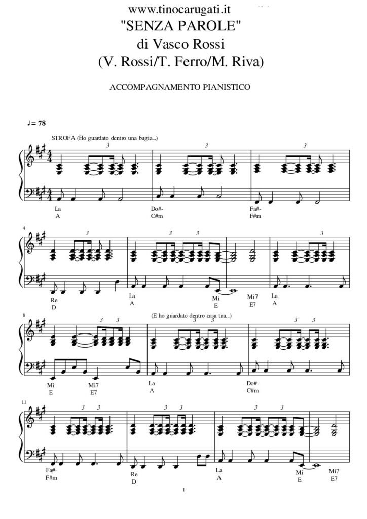 Spartito Pianoforte  "SENZA PAROLE"  Vasco Rossi