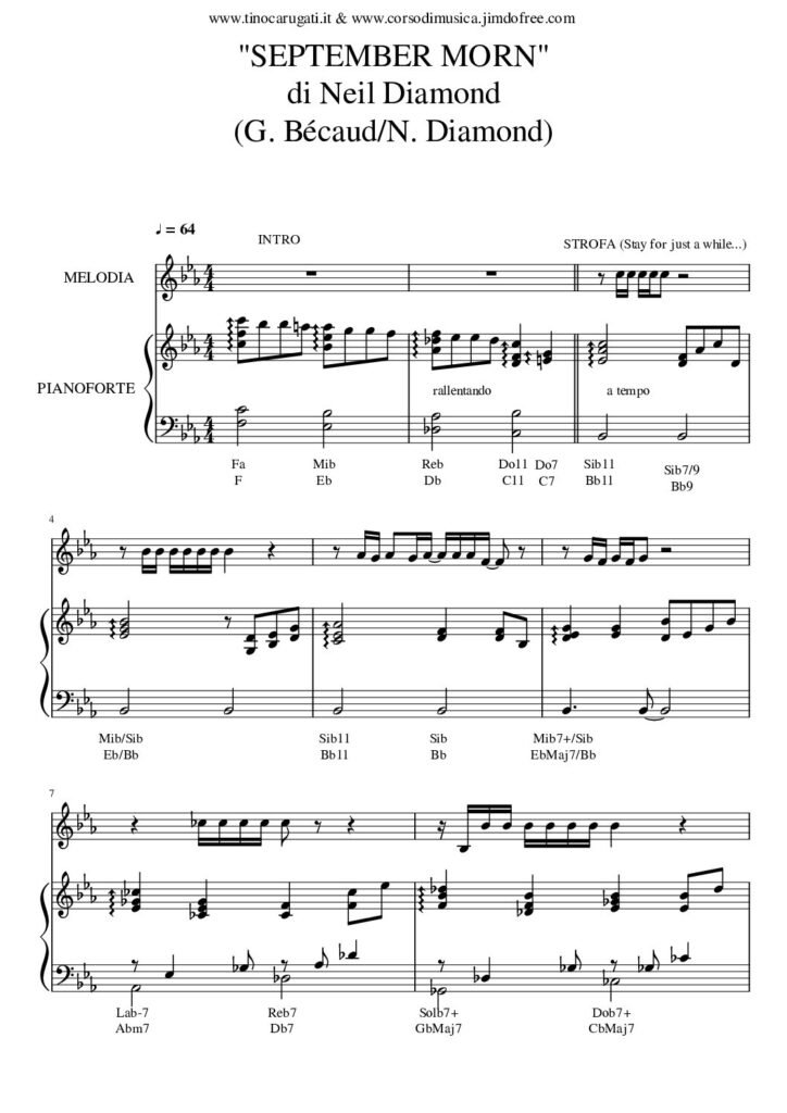Spartito Pianoforte  "SEPTEMBER MORN"  Neil Diamond - Accompagnamento + melodia