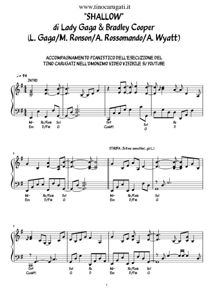 Spartito Pianoforte  "SHALLOW"  Lady Gaga