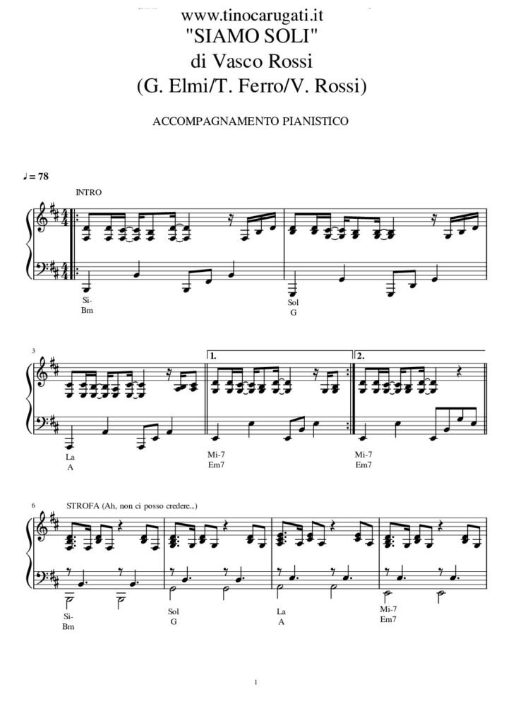 Spartito Pianoforte  "SIAMO SOLI"   Vasco Rossi