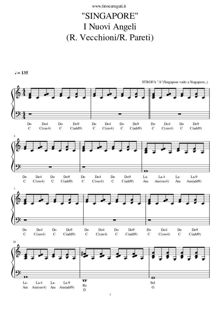 Spartito Pianoforte  "SINGAPORE"  I Nuovi Angeli