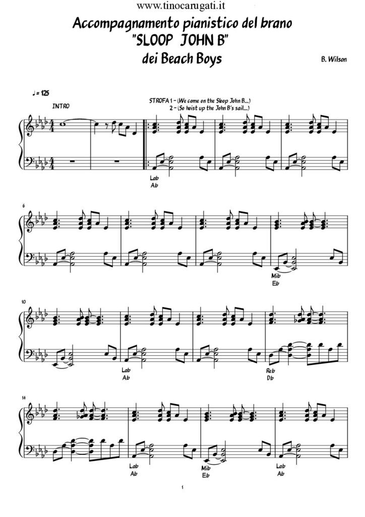 Spartito Pianoforte  "SLOOP JOHN B"   Beach Boys