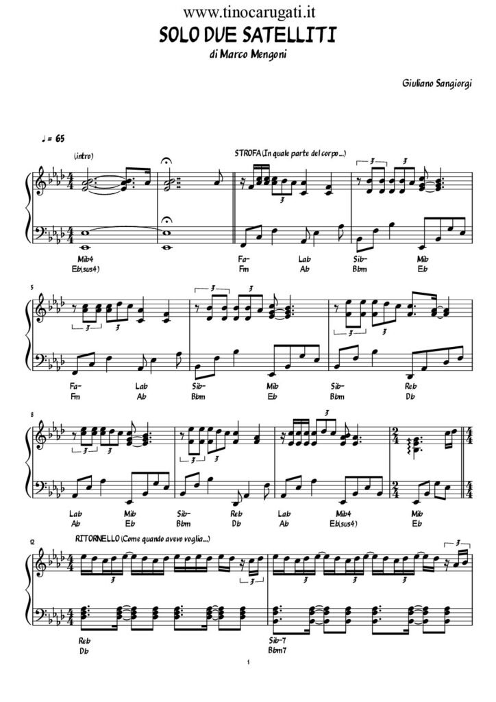 Spartito Pianoforte  "SOLO DUE SATELLITI"   Marco Mengoni