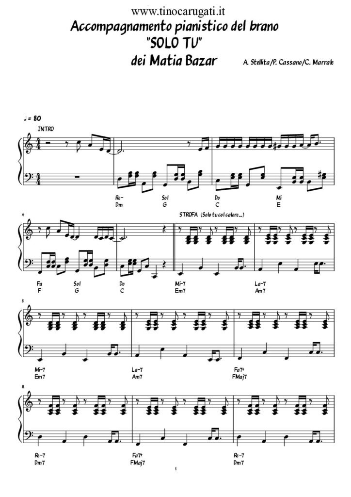 Spartito Pianoforte  "SOLO TU"  Matia Bazar