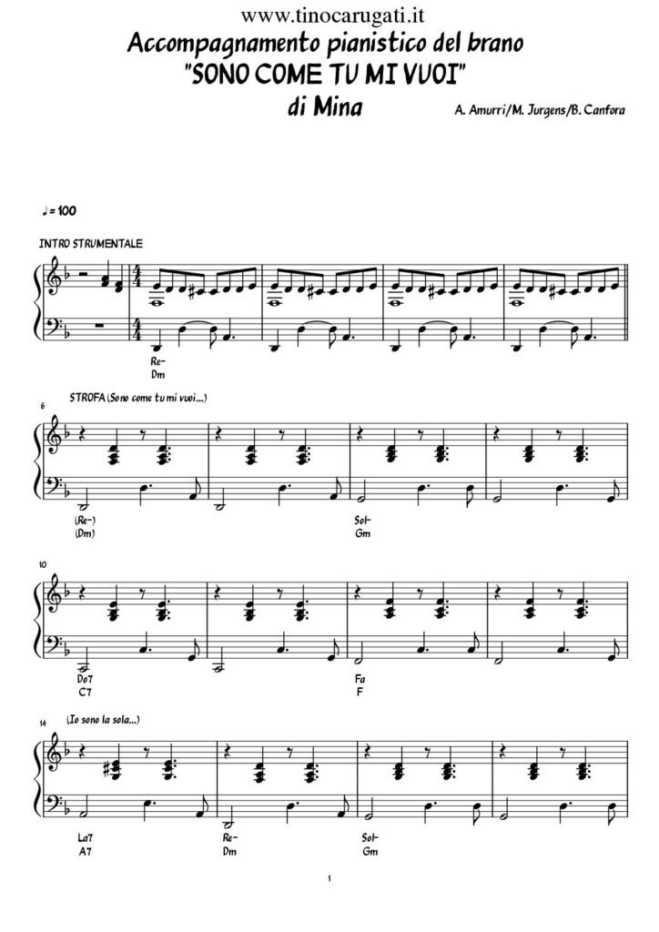 Spartito Pianoforte  "SONO COME TU MI VUOI"  Mina