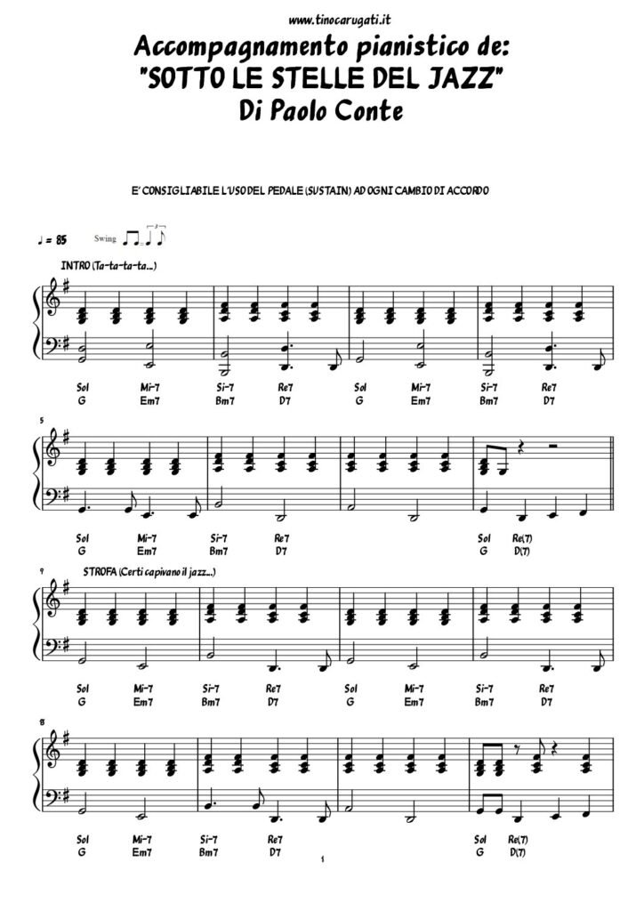 Spartito Pianoforte  "SOTTO LE STELLE DEL JAZZ"  Paolo Conte
