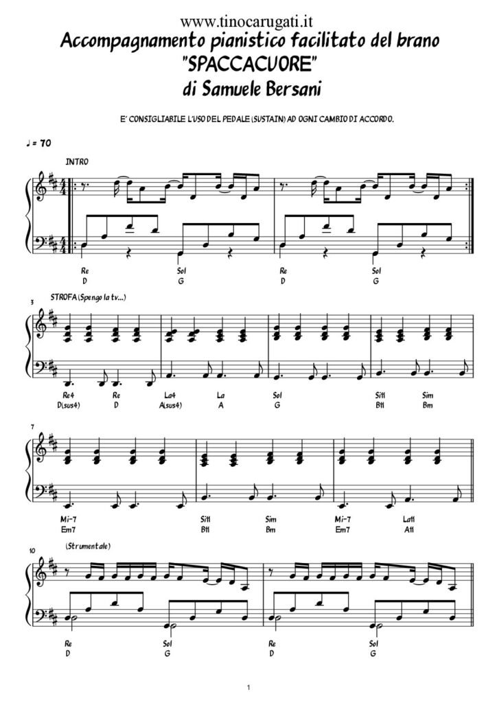 Spartito Pianoforte  "SPACCACUORE"  Samuele Bersani - In versione facilitata
