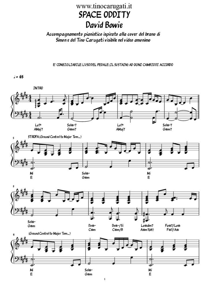 Spartito Pianoforte "Space Oddity" David Bowie