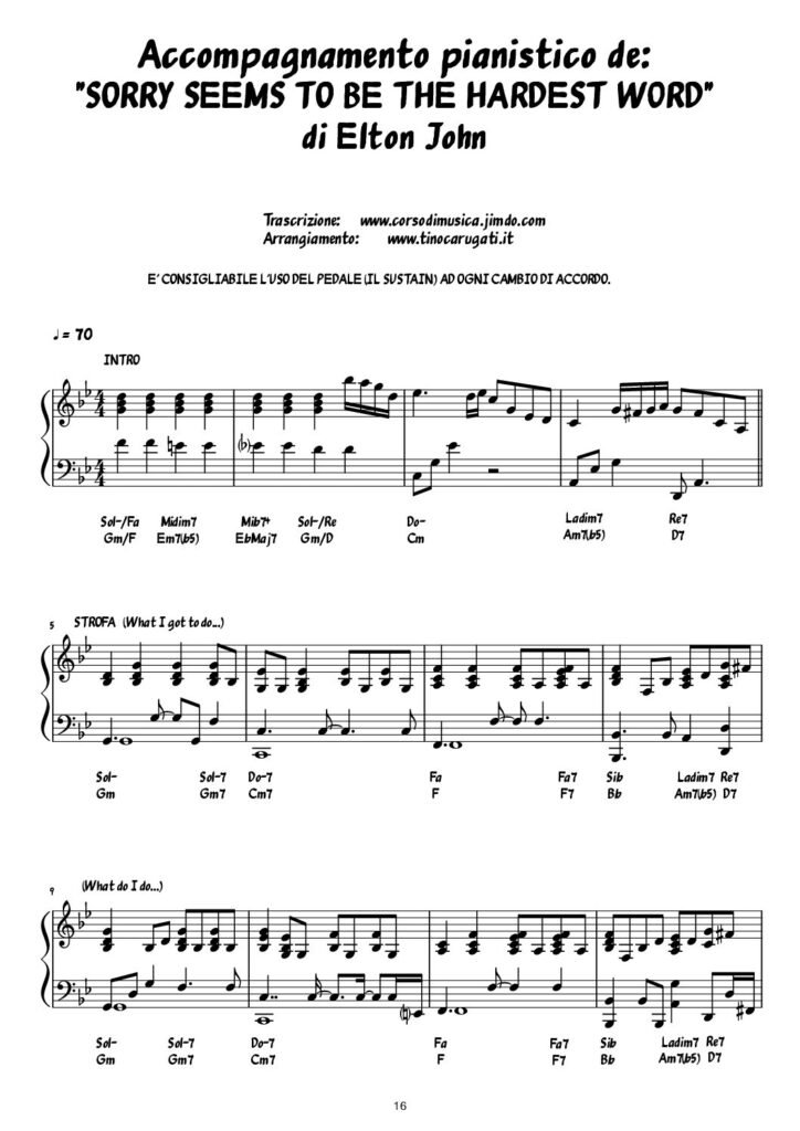 Spartito Pianoforte  "SORRY SEEMS TO BE THE HARDEST WORD"  Elton John