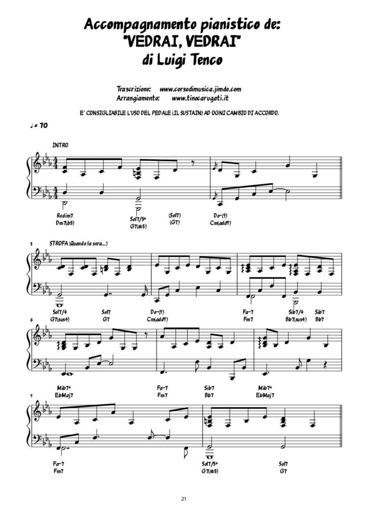 Spartito Pianoforte "VEDRAI, VEDRAI" Luigi Tenco