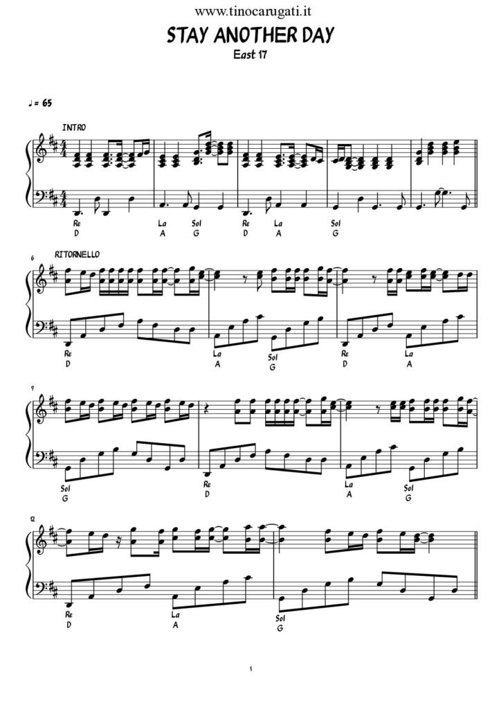 Spartito Pianoforte "STAY ANOTHER DAY" East 17