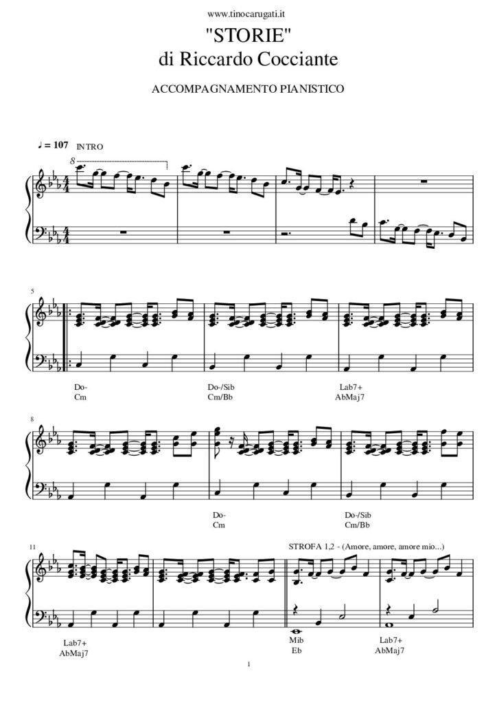 Spartito Pianoforte "STORIE" Riccardo Cocciante