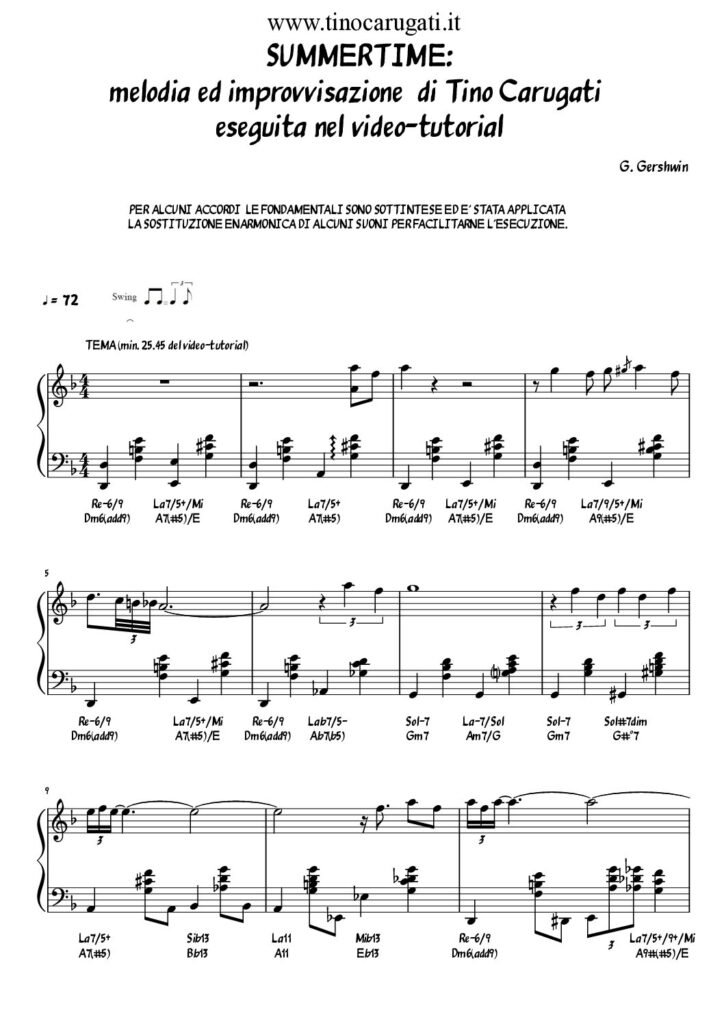 Spartito Pianoforte "SUMMERTIME" - fedele all'esecuzione video su YT (v. sotto)