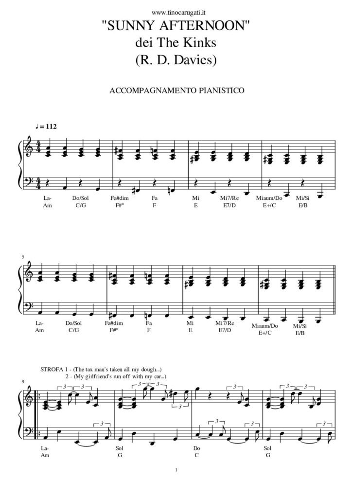 Spartito Pianoforte "SUNNY AFTERNOON" The Kinks