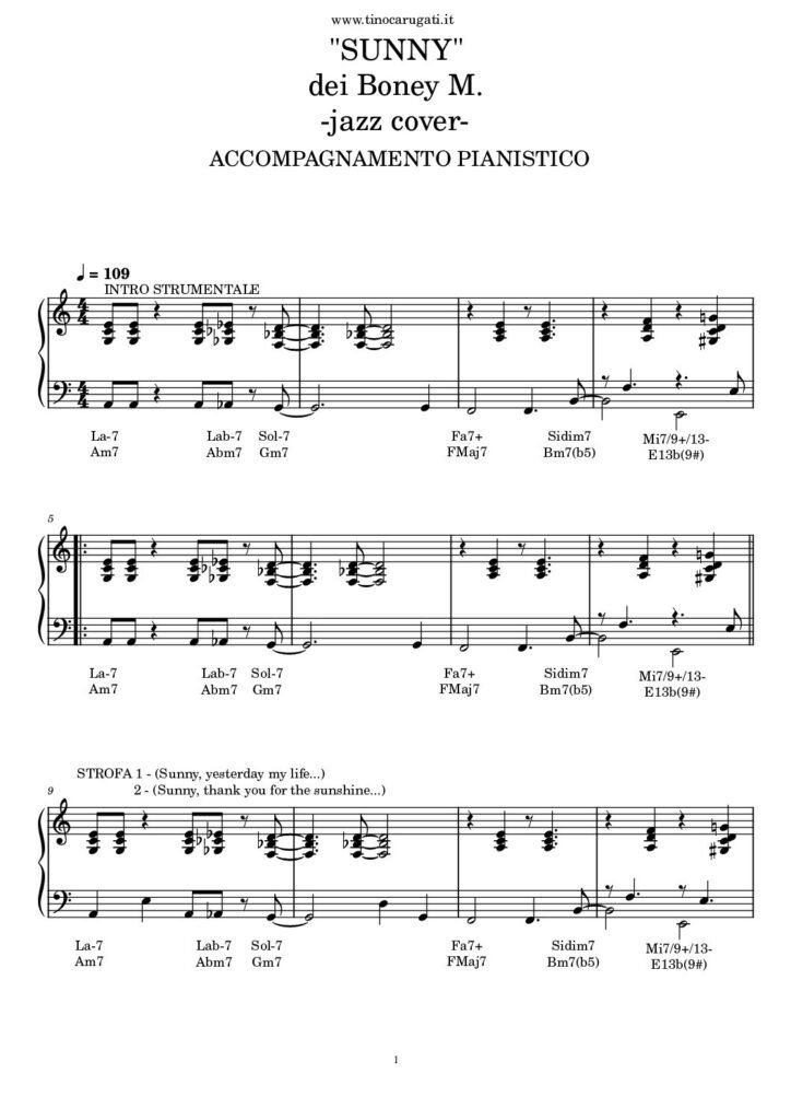 Spartito Pianoforte "SUNNY" Boney M. - Jazz version cover