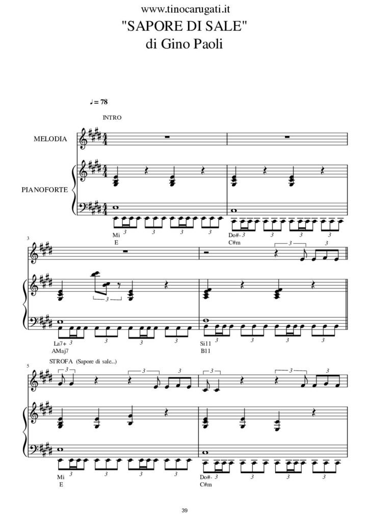 Spartito Pianoforte  "SAPORE DI SALE"  Gino Paoli - Accompagnamento + melodia