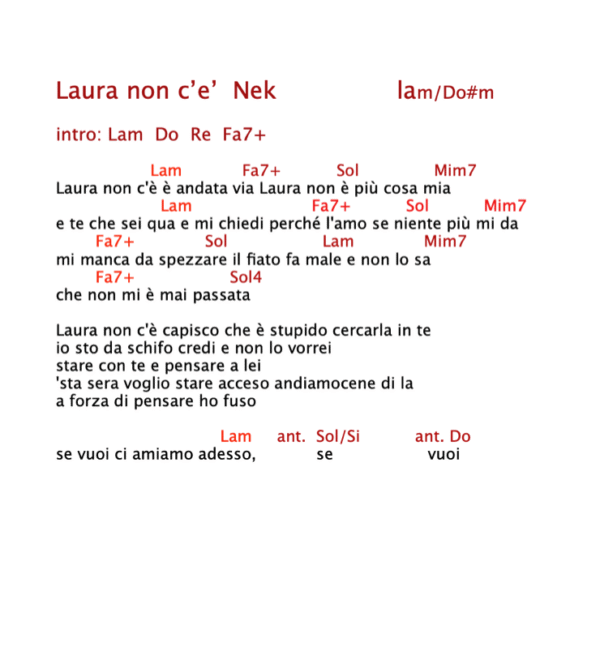 "LAURA NON C'E'"  Nek - Testo con Accordi