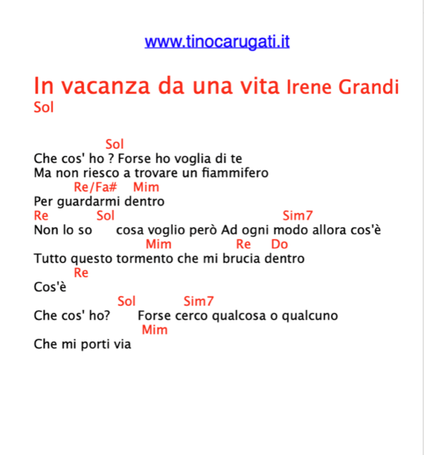 "IN VACANZA DA UNA VITA"  Irene Grandi - Testo con Accordi