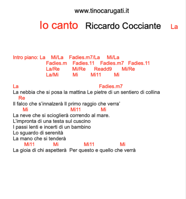 "IO CANTO"  Riccardo Cocciante - Testo con Accordi