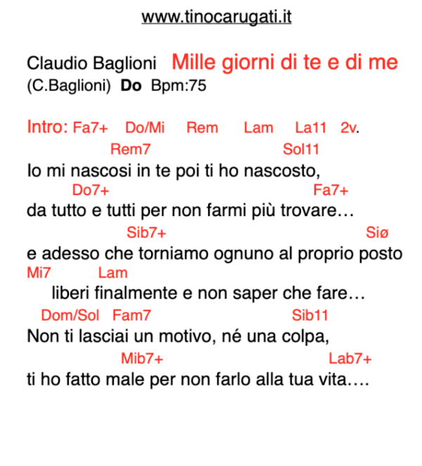 "MILLE GIORNI DI TE E DI ME"  Claudio Baglioni - Testo con Accordi