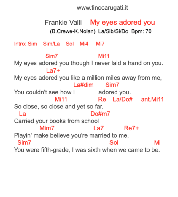 "MY EYES ADORED YOU"  Frankie Valli - Testo con Accordi