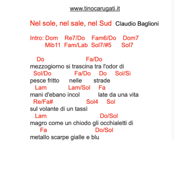 "NEL SOLE, NEL SALE, NEL SUD"  Claudio Baglioni - Testo con Accordi