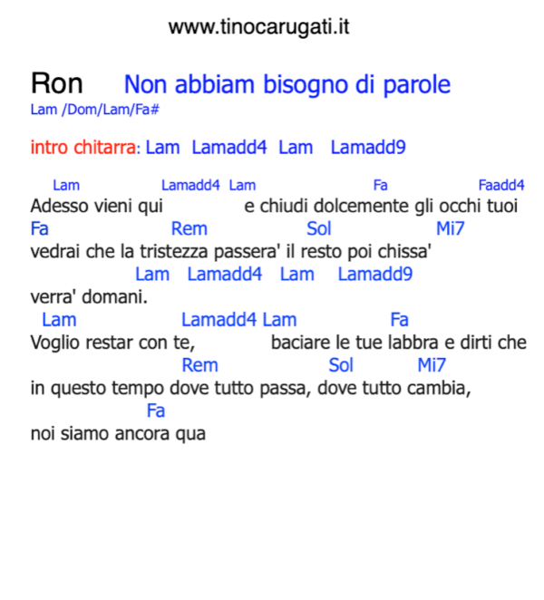"NON ABBIAM BISOGNO DI PAROLE"  Ron - Testo con Accordi